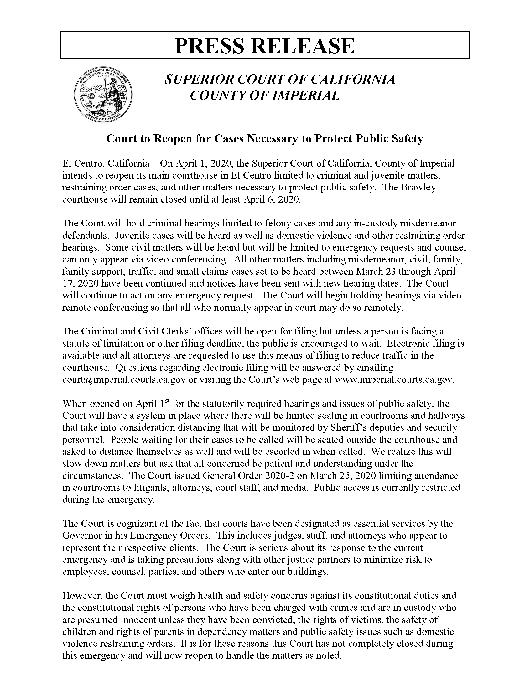 PRESS RELEASE - Court To Reopen